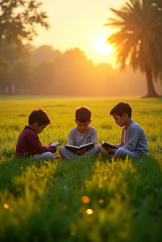 A green field wet with dew, the sun rising from the east, children reading the Qur'an in the field