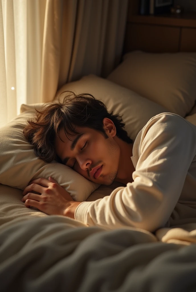 (photorealism:1.2), A 25-year-old man is sleeping with his hands on his chest