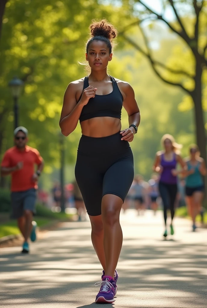 Arafed woman runs on the sidewalk near the bridge at sunset, The girl runs, The girl runs, Free sprinting, Matt Stewart, Golden Hour in Manhattan, sprinting, golden hour 8k, golden hour 8k, Hard morning light, athletic fashion photography, radiant morning light, stretch, Brad Holland, during golden hour, Richard Hess, Bernardino Maio. A woman in a black blouse. Portrait of an ATHLETE, fierce expression, sweat on the face, [realisitic], (strong lighting: 1,2), (racing scene: 1,1), (4k resolution. Black sports bra and shorts, com eyeballs atentos, Running posture, waist 1 hyper-realistic real photo, close frontal, with passion and anger, Mulher completamente Arafed com eyeballs verdes. Pose of a strong woman, musclegirl, determinate expression, fierce gaze, athletic build, confident pose, linda jovem negra de 25 anos com darkskin volumosa com reflexos castanhos, eyeballs verdes, lindos eyeballs verdes, eyeballs verdes realistas, detailed. eyeballs, ultra-realistic, symmetrical, hyper-realistic (eyeliner, long and perfect eyelashes, the nose is small and proportional to the face and the soft contour of the face that accentuates the high cheekbones, Attractive and irresistible mouth). defined lips, fleshy lips, voluminous lips, seductive lips, captivating black lipstick, memorable, unforgettable and enigmatic. the face is oval, with high cheekbones and a well-defined chin, a beautiful, detailed face. black lipstick, gothic makeup. skin tone: brunette skin, healthy and evenly glowing, with dark skin, darkskin, garota sexy with dark skin, detailed skin texture, Beautiful and glowing skin, details Intricate, unsmooth skin, healthy and radiant appearance. hourglass-body, voluptuous body, Slender Woman, Breasts huge, well toned belly, Waist slender, Broad Hips, big hips, huge butt, thick-thighs, Long, shapely legs. 50mm Lens, f/2.8, hdr, foto RAW (8K), resolução de alta qualidade 8K uhd, dslr, 2k, 4K, 8K, 16K.