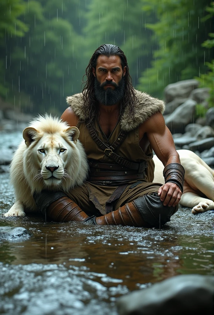 (professional 3d render:1.3) af (Realistic:1.3) most beautiful artwork photo in the world,Features soft and shiny male heroes, ((Epic hero fantasy muscle man rough wet hero sitting doing yoga in the clear water river among the stone. Calmly and peaceful looking long hair short beard and ferocious expression in dynamic pose, Fantastic location, Majestic cluttered environment)), Full body 8K unified rendering, action shot, skin pore, very dark lighting, heavyshading, Detailed, Detailed face, (vibrant, photograph realistic, Realistic, Dramatic, Dark, Sharp focus, 8K), (Old leather garments damaged by weathering:1.4), ((((Wear fur)))), (Intricate:1.4), decadent, (Highly detailed:1.4), Digital painting, rendering by octane, art stations, concept-art, smooth, Sharp focus, illustration, Art germ, (loish:0.23), wlop ilya kuvshinov, and greg rutkowski and alphonse mucha gracias, (Global illumination, Studio light, volumettic light), heavy rain, and big white lion sitting on his side particles floating, lotr, fantasy, elf, full bodyesbian, (green and beautiful landscape