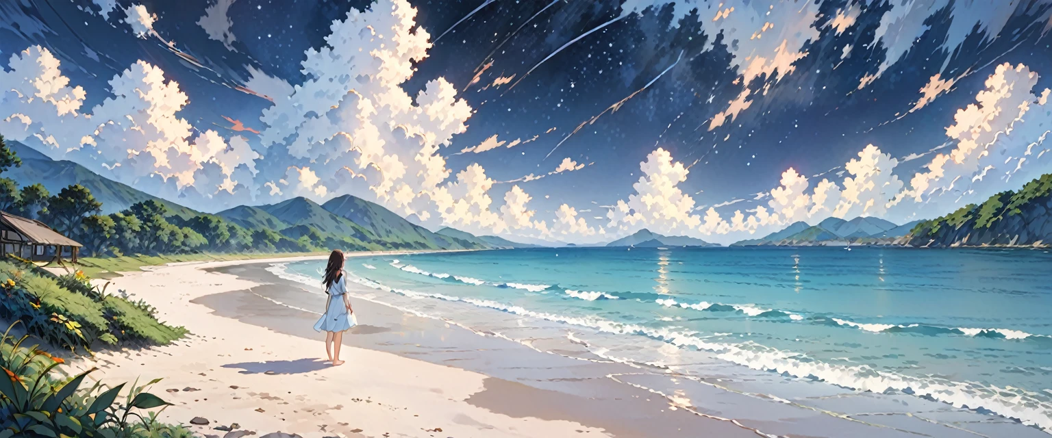 Dark sky and beach before dawn、A girl is standing in the distance、barefoot、whole body、Landscape painting