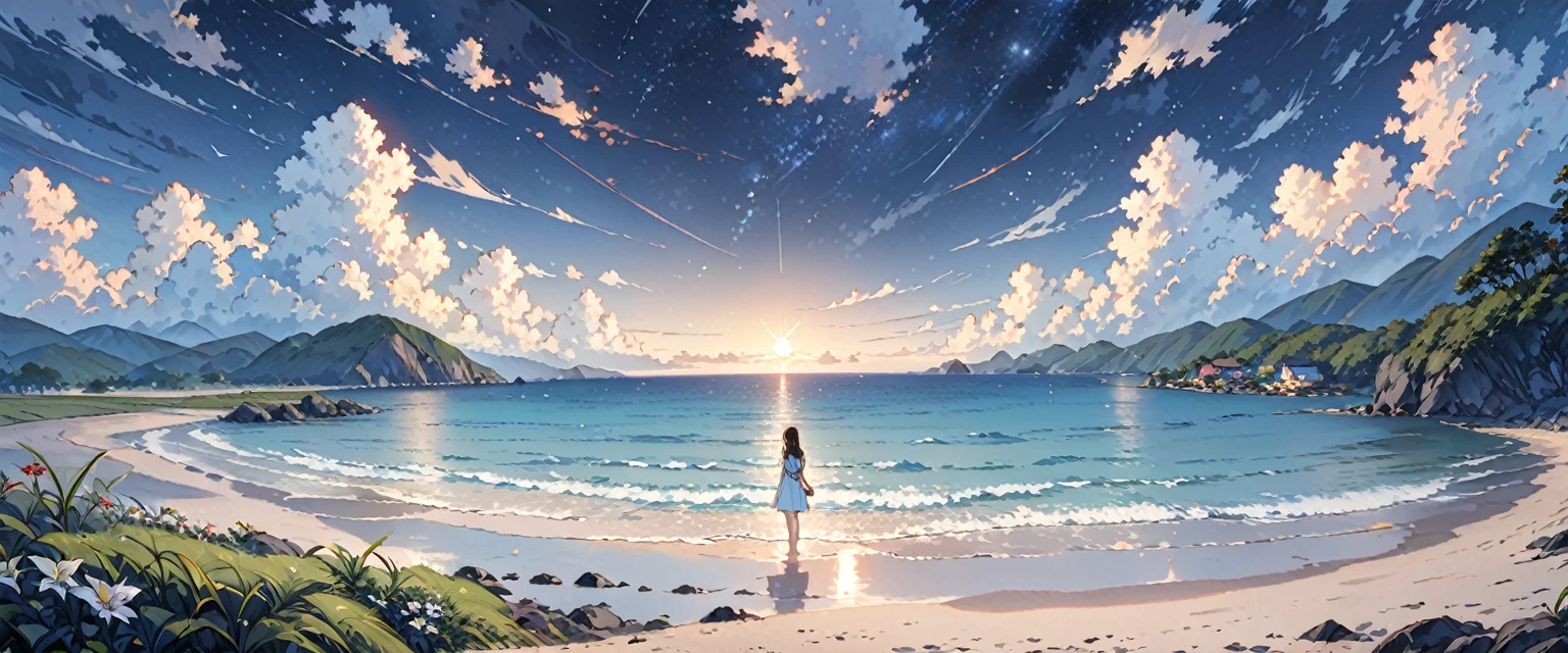 Dark sky and beach before dawn、A girl is standing in the distance、barefoot、whole body、Landscape painting