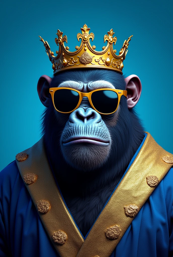 Blue background
ape wearing crown and dark shade with a gold and blue robe 

2d 
