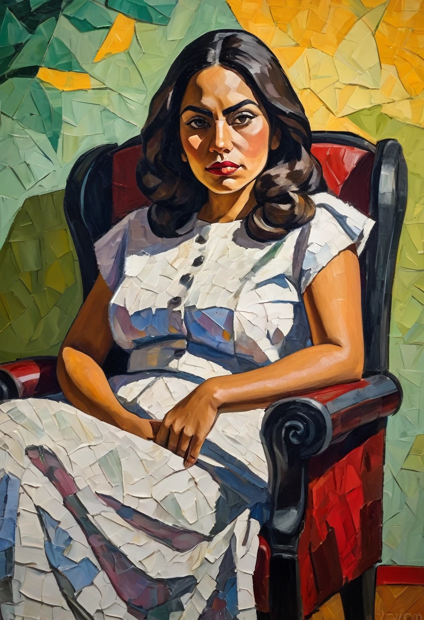 thick textured impasto oil painting of a beautiful latin woman, sitting in a chair, she is facing the camera, inspired by Paula Rego, Art in the style of Paula Rego, pablo picasso painting, dramatic art, by Candido Portinari, By Picasso, inspired by Ismael Nery, inspired by Candido Portinari, inspired by Thomas Hart Benton, the light is studio, no shadows