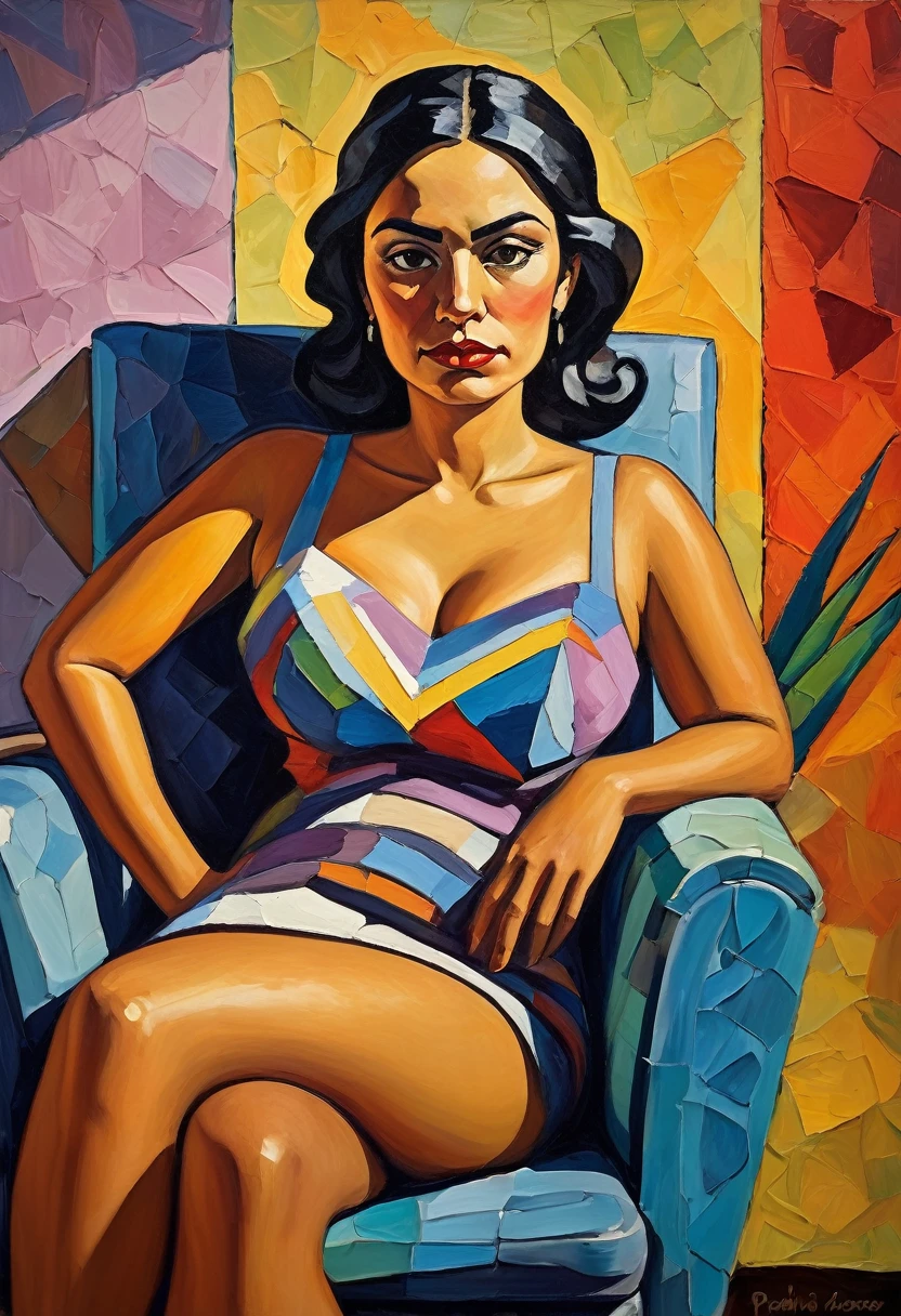thick textured impasto oil painting of a beautiful latin woman, sitting in a chair, she is facing the camera, inspired by Paula Rego, Art in the style of Paula Rego, pablo picasso painting, dramatic art, by Candido Portinari, By Picasso, inspired by Ismael Nery, inspired by Candido Portinari, inspired by Thomas Hart Benton, the light is studio, no shadows