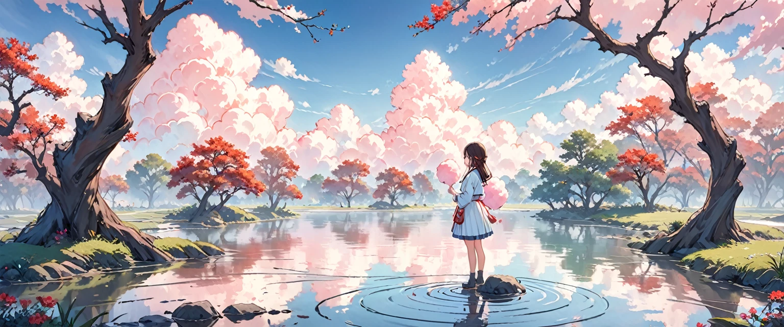 "((peaceful)) scene, A girl kneeling while thinking, ((Ripples on the pond)), ((Cotton candy cloud)), ((Gnarled tree silhouette)), Professional photography, ((Three-part method)), High resolution, Highest quality