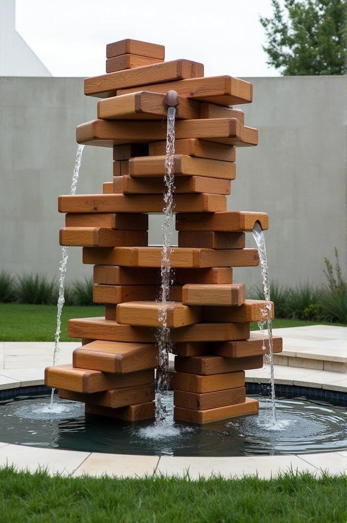 Create an imagen of a water fountain ceated from 128 pices of jenga, it need to be based in the style of eduardo chillida