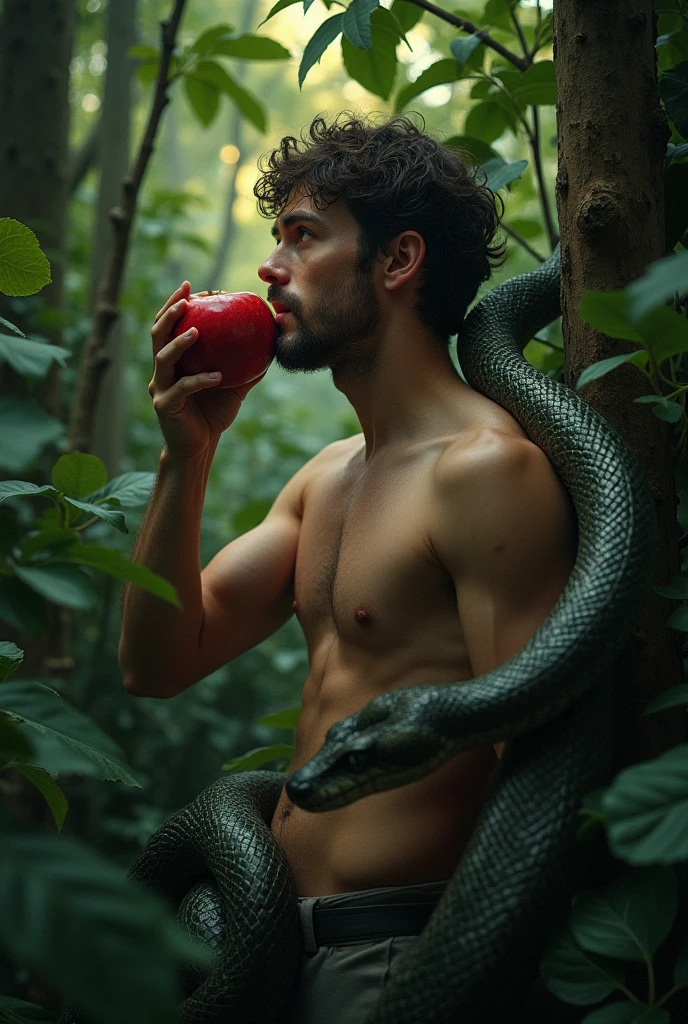 A man without a beard, semi-naked covered with leaves, biting an apple surrounded by many trees and a large serpent coiling around him tempting him the serpent is looking into the man's eyes, in the garden of eden, in the darkness