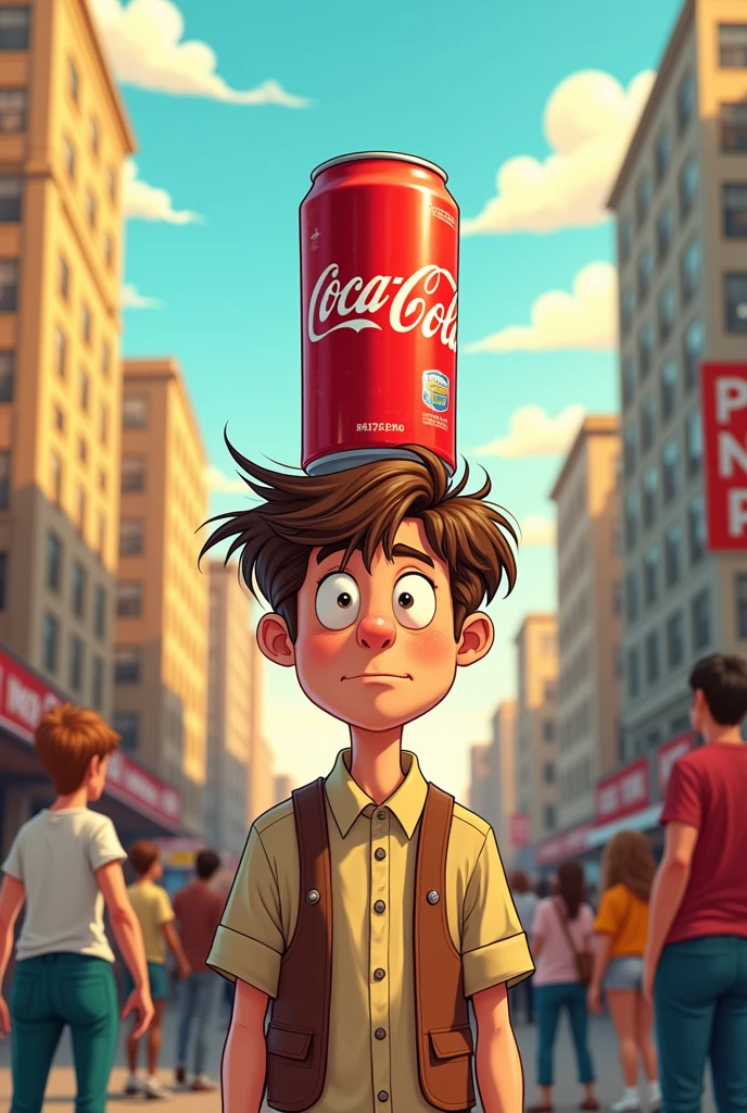 A drawing of a man with a can stuck on his head