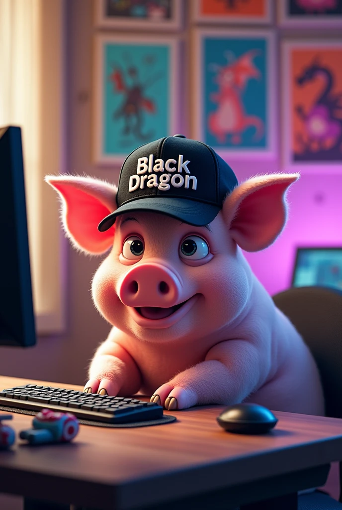 A pig in a cap sits at a cool computer wearing a cap, and the cap says Black Dragon