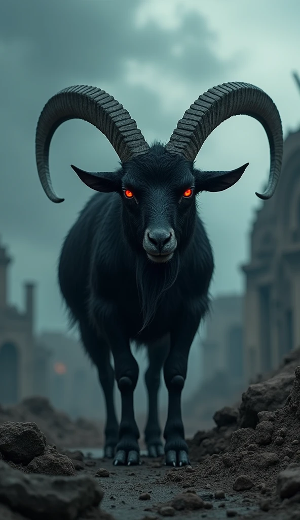 a black goat, piercing red eyes, evil face, coming towards the camera, apocalyptic cenary