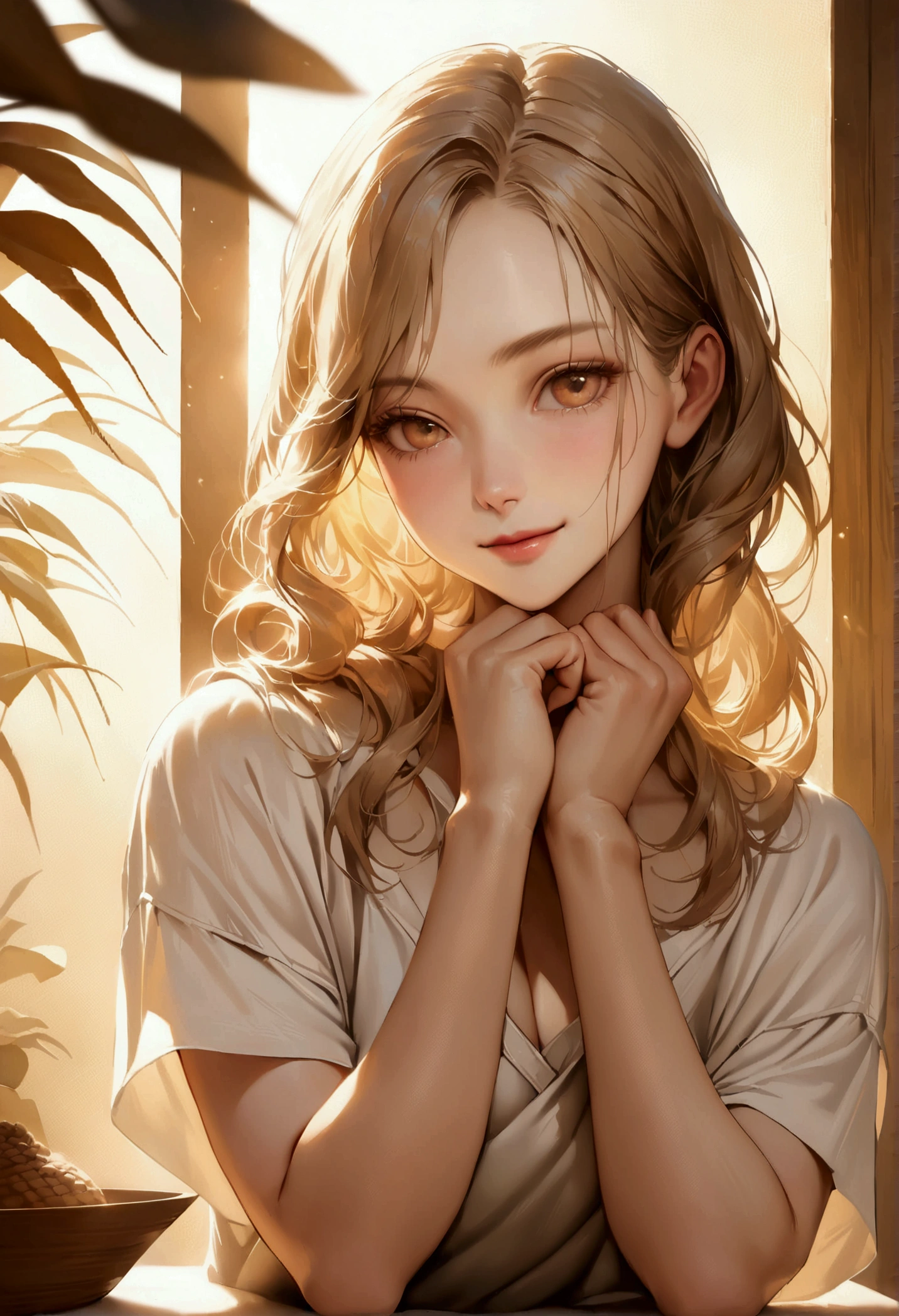 Official Art, wallpaper, Very detailed, (((Very detailedな目と顔))), Realistic portraits, (Highest quality, masterpiece, High resolution), (High resolutionスキン: 1.2), 8K Ultra HD, Backlight, Background Blur, smile, One Woman, a woman in a white shirt, Beautiful woman, Attractive beautiful face, Beautiful face and perfect skin, Diffused, Natural skin glow, Attractive and beautiful, Enveloped in golden light, Gorgeous and attractive, Soft Golden Hour Lighting, natural beauty expressive pose, Soft golden light, Attractive girl, Golden Background, Dynamic Angle