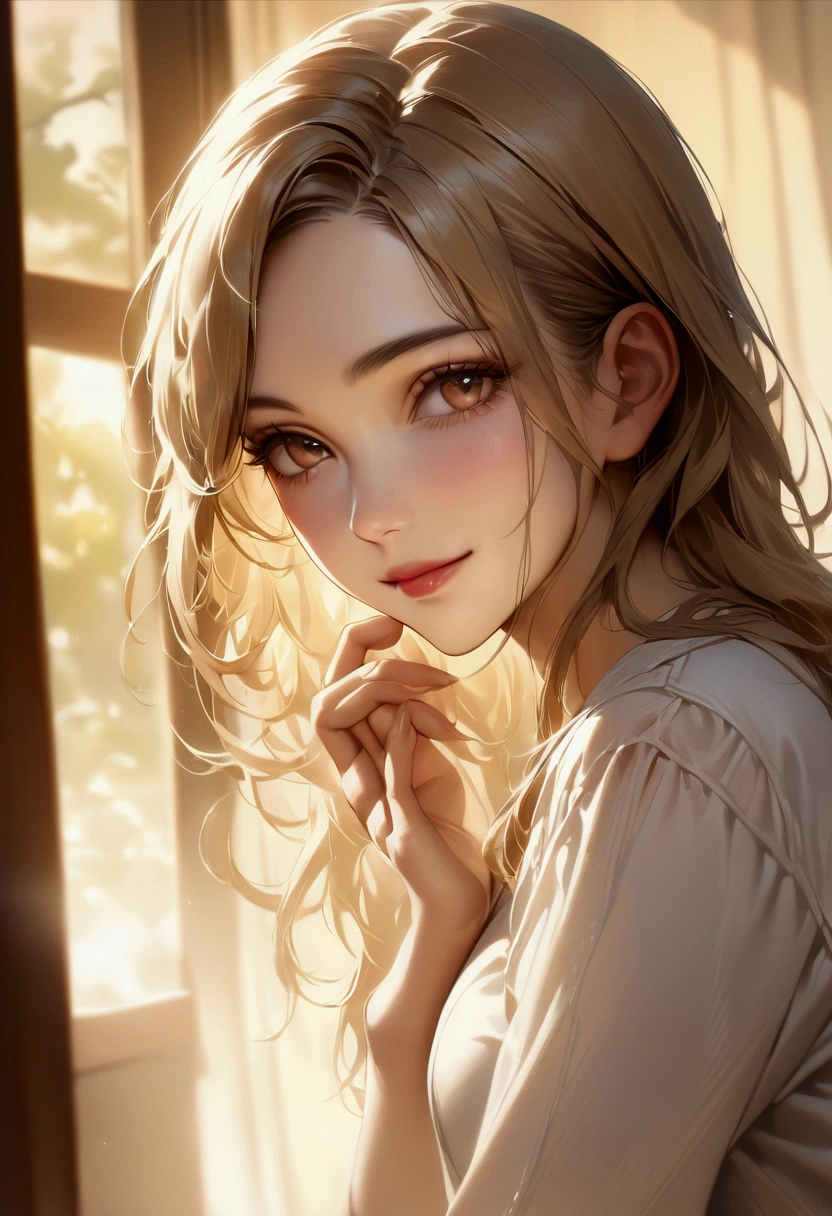 Official Art, wallpaper, Very detailed, (((Very detailedな目と顔))), Realistic portraits, (Highest quality, masterpiece, High resolution), (High resolutionスキン: 1.2), 8K Ultra HD, Backlight, Background Blur, smile, One Woman, a woman in a white shirt, Beautiful woman, Attractive beautiful face, Beautiful face and perfect skin, Diffused, Natural skin glow, Attractive and beautiful, Enveloped in golden light, Gorgeous and attractive, Soft Golden Hour Lighting, natural beauty expressive pose, Soft golden light, Attractive girl, Golden Background, Dynamic Angle