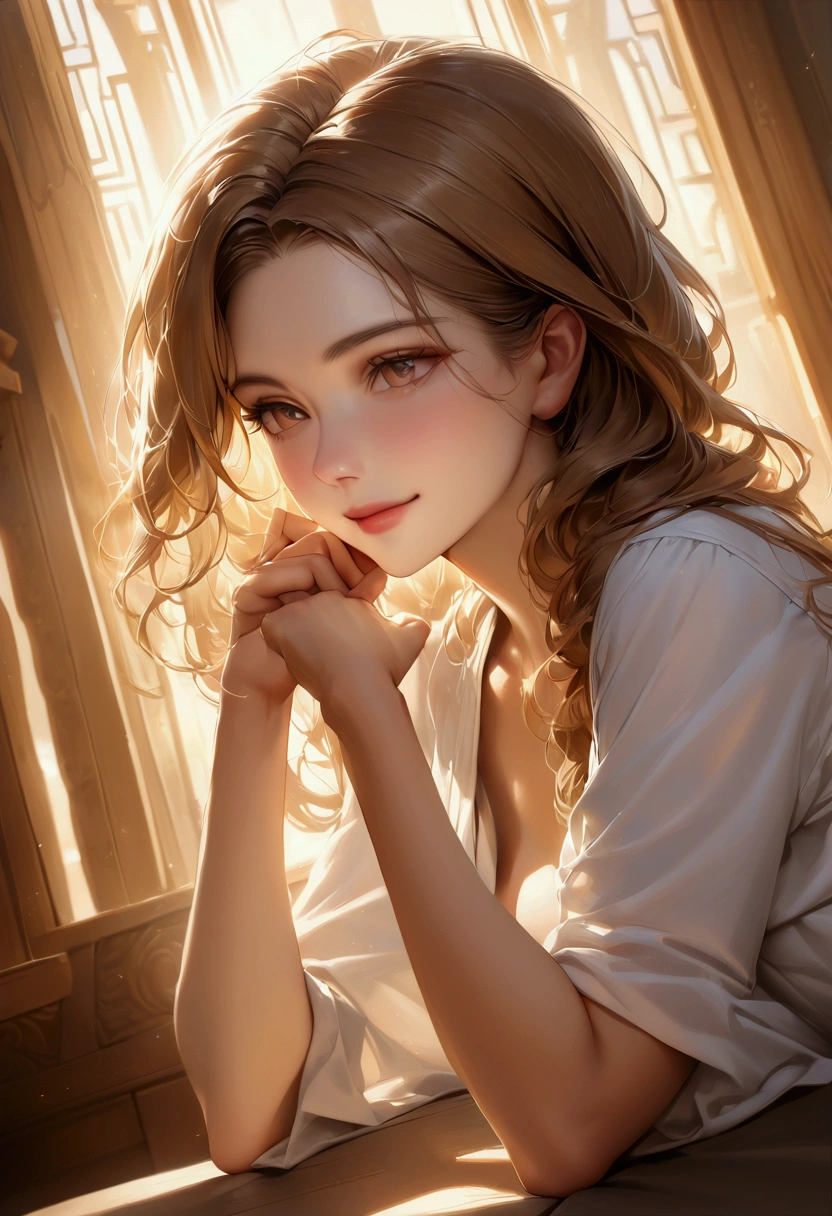 Official Art, wallpaper, Very detailed, (((Very detailedな目と顔))), Realistic portraits, (Highest quality, masterpiece, High resolution), (High resolutionスキン: 1.2), 8K Ultra HD, Backlight, Background Blur, smile, One Woman, a woman in a white shirt, Beautiful woman, Attractive beautiful face, Beautiful face and perfect skin, Diffused, Natural skin glow, Attractive and beautiful, Enveloped in golden light, Gorgeous and attractive, Soft Golden Hour Lighting, natural beauty expressive pose, Soft golden light, Attractive girl, Golden Background, Dynamic Angle