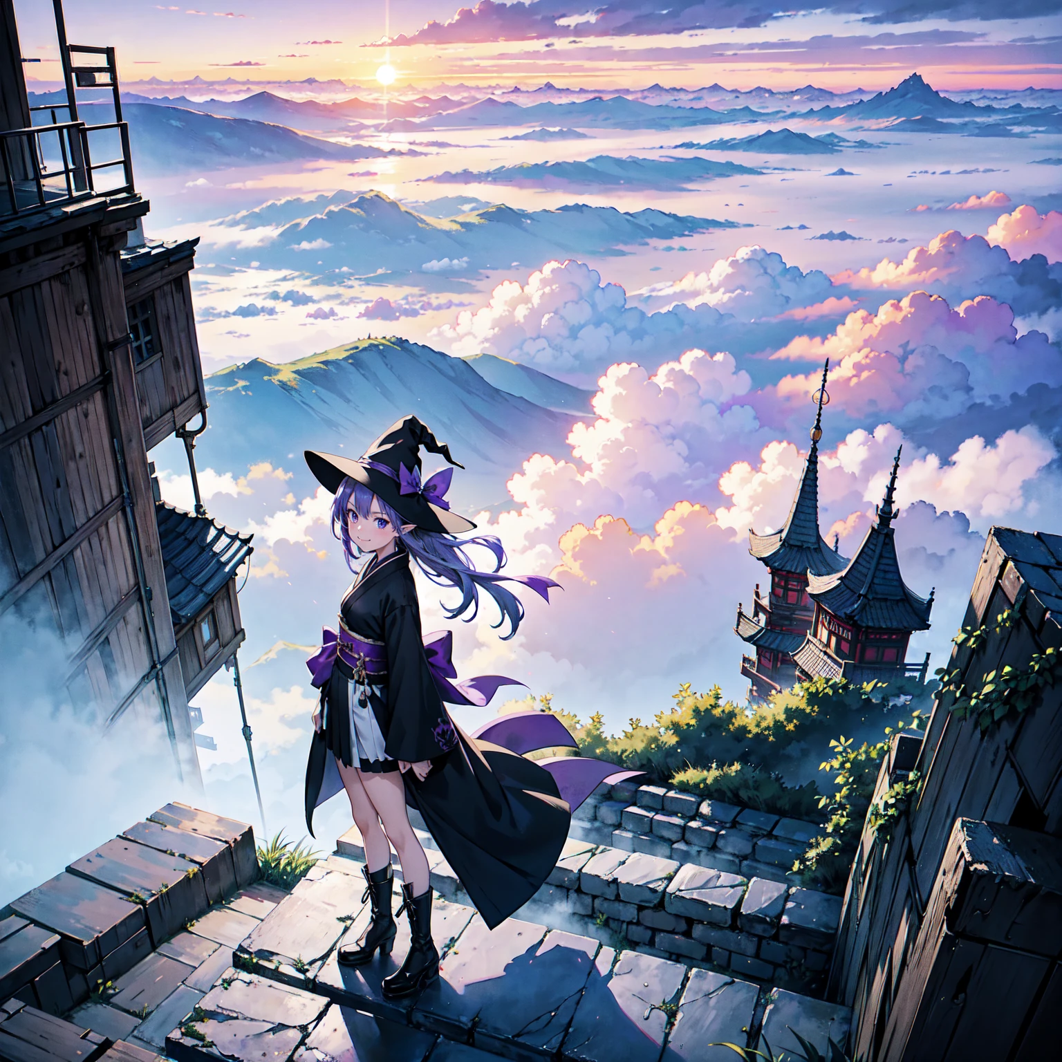 A girl with long violet-purple hair. A kind, full smile. Pointy elf ears. Her clothes are simple: a black robe with wide sleeves and a black miniskirt. Her knees are showing. There is a V-shaped white insert in the front, like a kimono. A witch's hat with purple ribbons on each side. Black boots. Background, bright painting, Makoto Shinkai, only endless stairs, long floating stairs, floating stairs in the air, stairs above clouds, illustration, nostalgic, vivid, above clouds, bright, fresh, sunset. A maze of connected stairs. A labyrinth of stairs. Untouched by land.