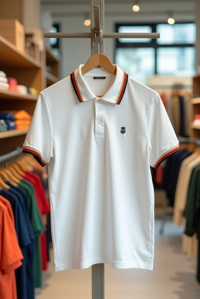 Plain white polo shirt having red, gold, black and green stripes at the end of collar and hands in a store