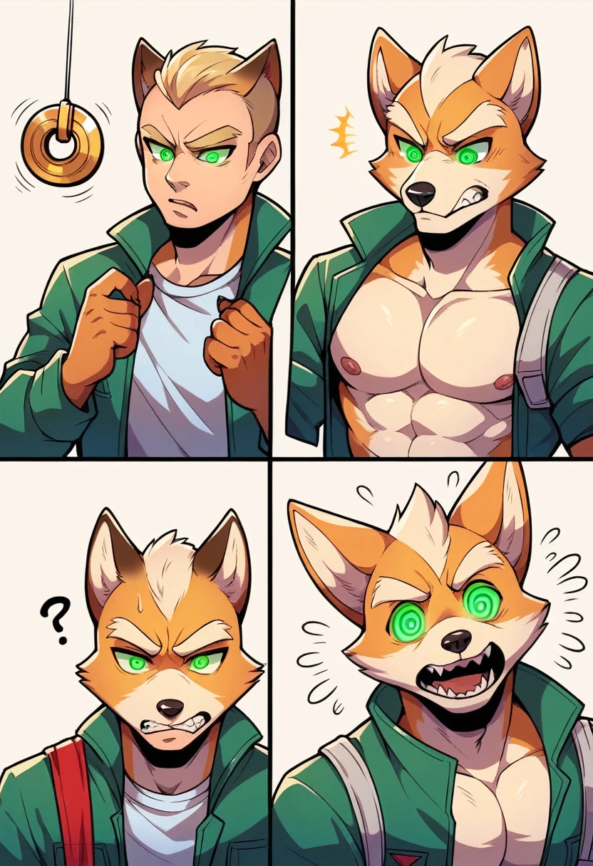 Male, fox, furry, fox mccloud, starfox, canine, shirtless, ripped clothing, fox transformation, human, bright glowing eyes, confused expression, canine penis, sheath, sharp teeth, detailed mouth, hypnosis, hypnotic eyes, bright glowing eyes, transformation sequence, transformation series