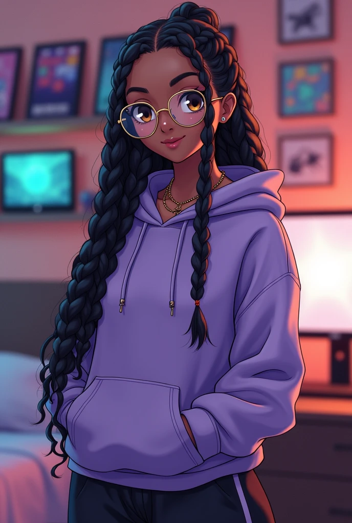 ((best quality)), ((masterpiece)), (detailed), 1girl, long black box braids, brown eyes, Round gold glasses, tan skin,dark skin ,BROWN SKIN, SHE HAS LIGHT BROWN SKIN, body, wearing plain light purple hoodie, wearing long black sweat pants, absurdres, high res, ultrasharp, 8k, masterpiece, looking at viewer, anime inspired, cool bedroom gamer background, androgynous, smiling, large round glasses, no airplanes, wearing a taurus gold chain necklace on neck