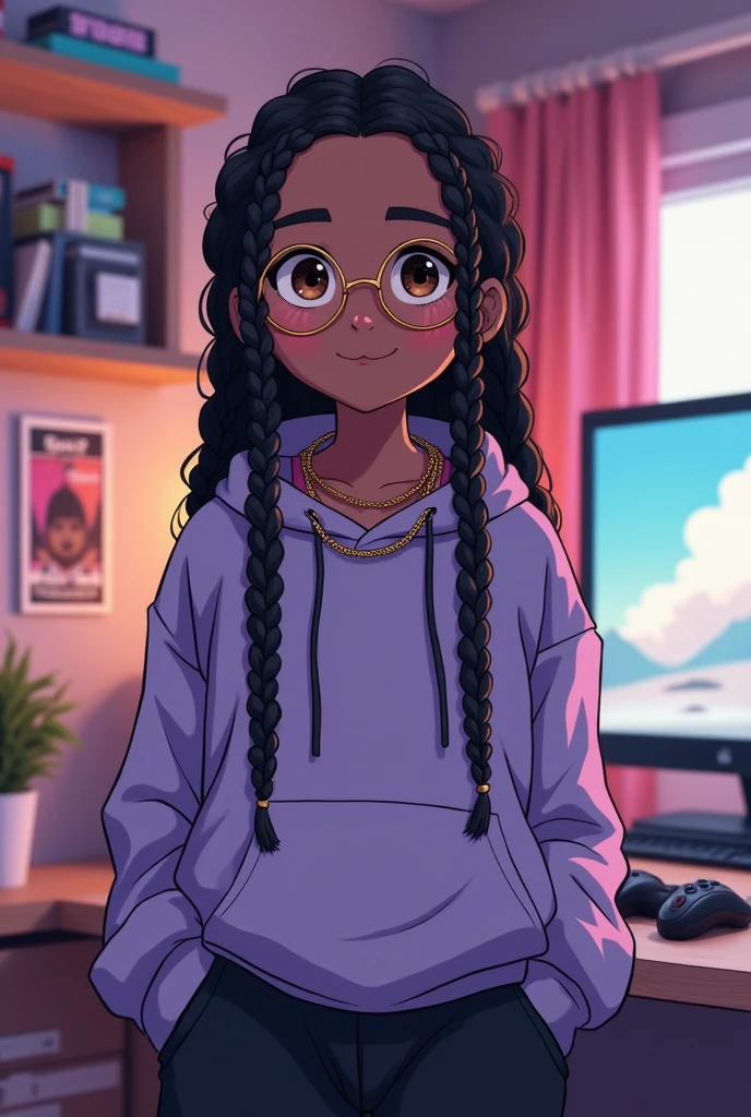 ((best quality)), ((masterpiece)), (detailed), 1girl, long black box braids, brown eyes, Round gold glasses, tan skin,dark skin ,BROWN SKIN, SHE HAS LIGHT BROWN SKIN, body, wearing plain light purple hoodie, wearing long black sweat pants, absurdres, high res, ultrasharp, 8k, masterpiece, looking at viewer, anime inspired, cool bedroom gamer background, androgynous, smiling, large round glasses, no airplanes, wearing a taurus gold chain necklace on neck