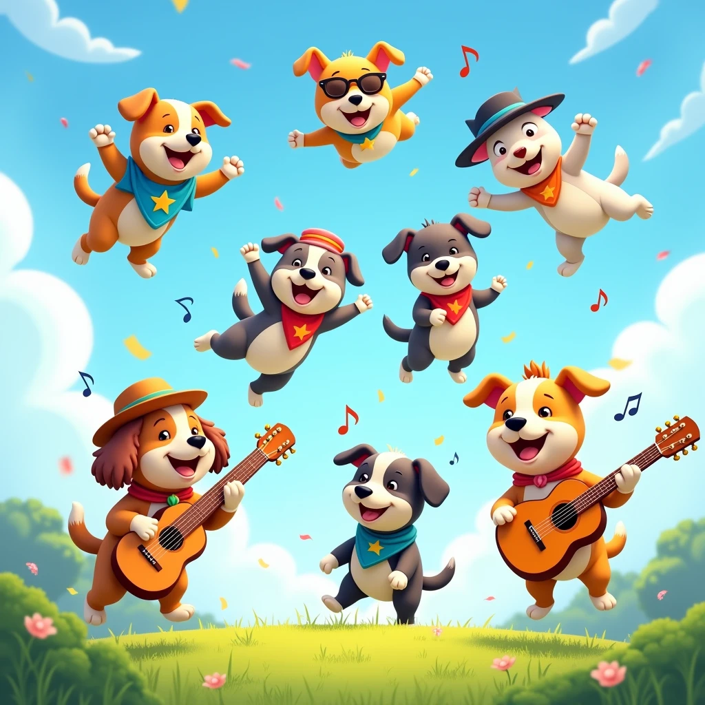 Dogs falling from the sky, PLAYING ARCHIVE, others dancing others playing guitar, cartoon art