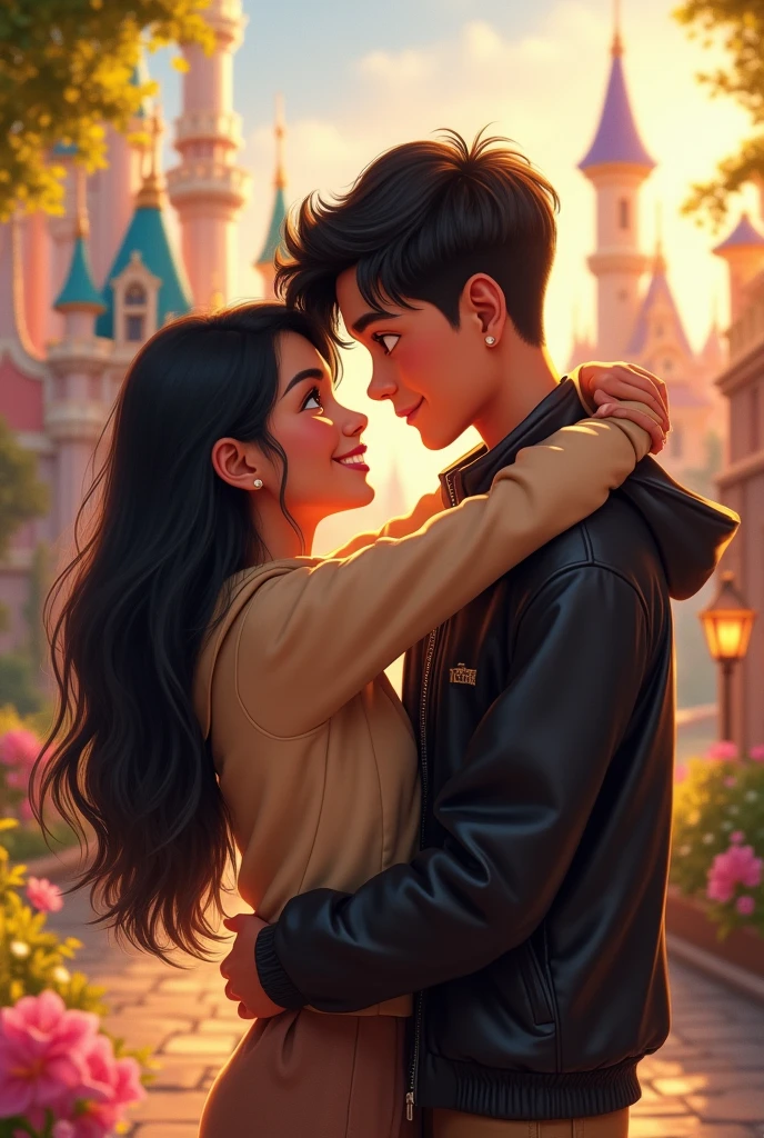 Disney Two teenagers hugging looking into each other's eyes, A girl with long hair, straight and black, tanned with dimples on her cheeks and brown eyes, round nose and wearing a beige shirt. A light skinned boy, big lips, nose with a bump on the bridge and dark hair with a low taper fade, eyes a little big with a black Disney jacket