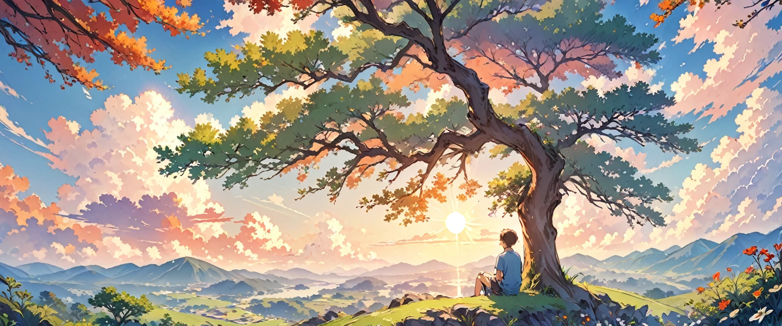 landscape of nature, boy sitting under the tree looking at sun set