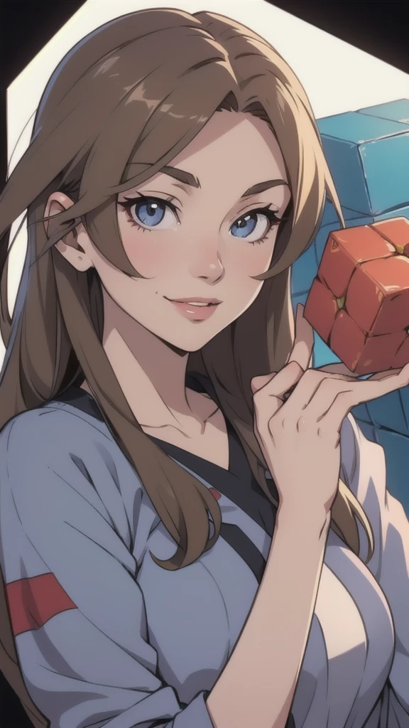 anime girl , high quality , happy , long hair , holding a cube , high quality face , high quality eyes , holding cube with both hands , smile , high quality lips , high quality fingers , sharp eyes , looks into the cube
