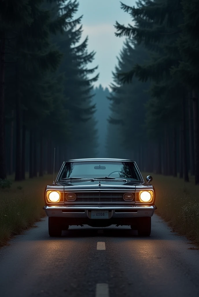 Black Chrysler Valiant car on a road in the middle of a forest at night