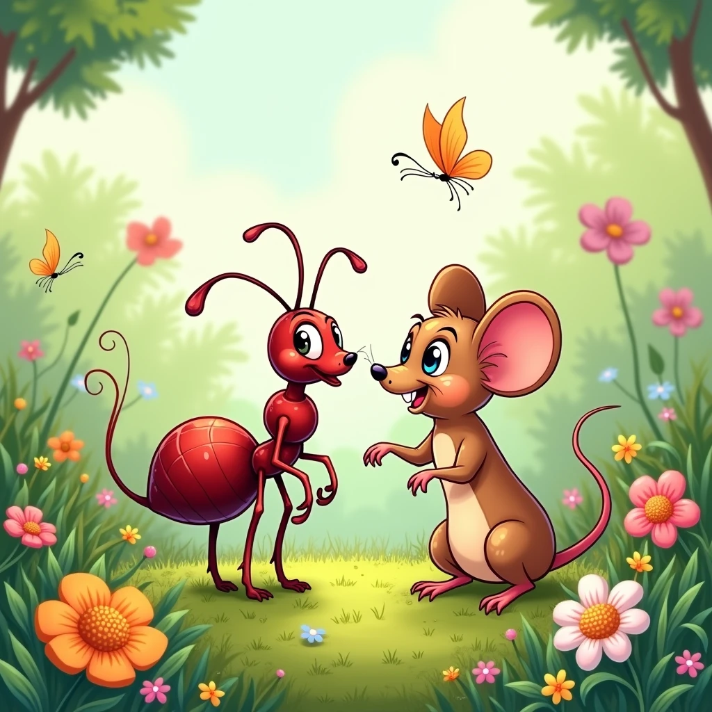 Ant and mouse talking. Antique 2d disney style for kids coloring book