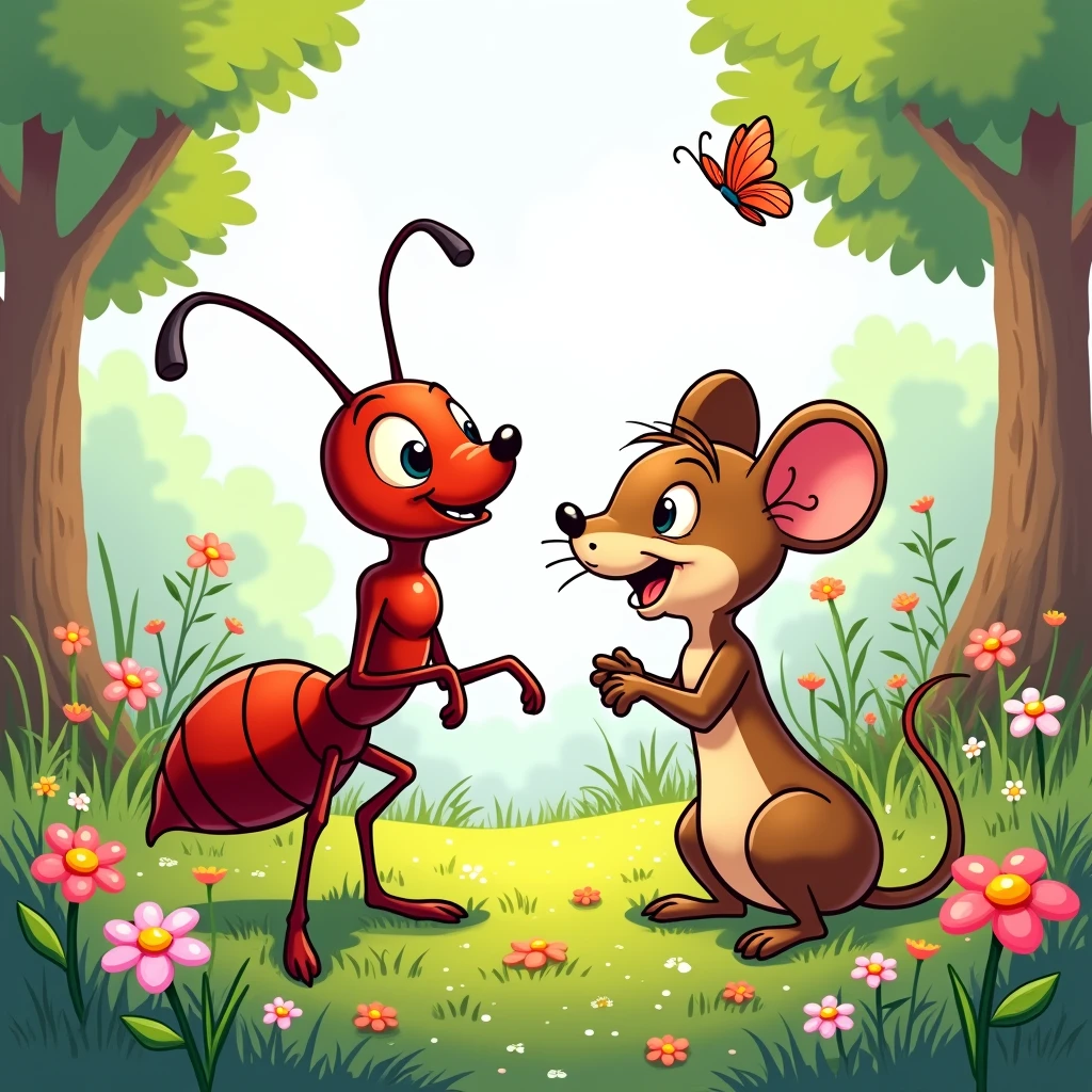Ant and mouse talking. Antique 2d disney style for kids coloring book