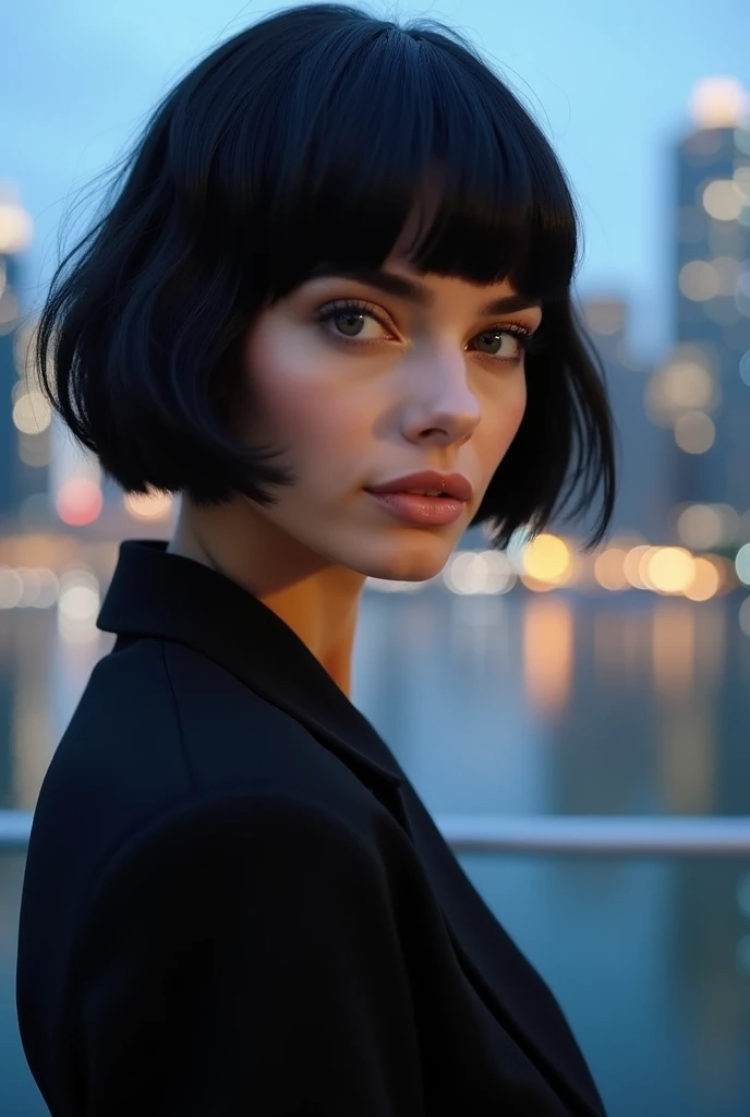 A model with short black hair, com franja curting bangs, grey eyes and fair skin, similar to model Adriana Lima.