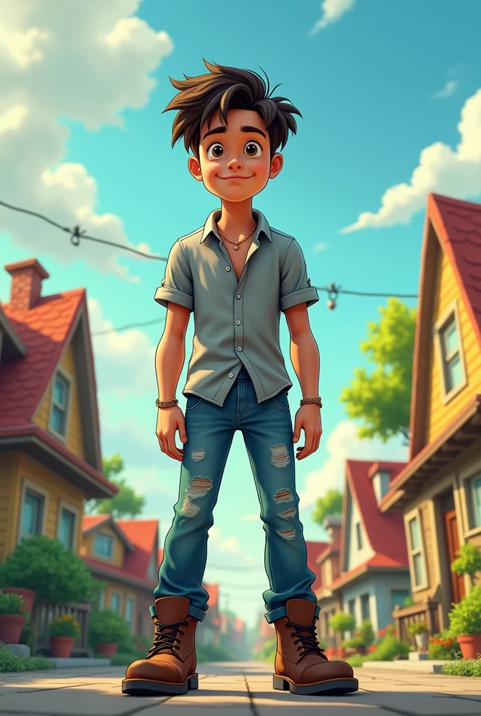 The character from the Mylo Murphy series with a gray shirt, faded denim jeans and boots, in the style of the original animation 