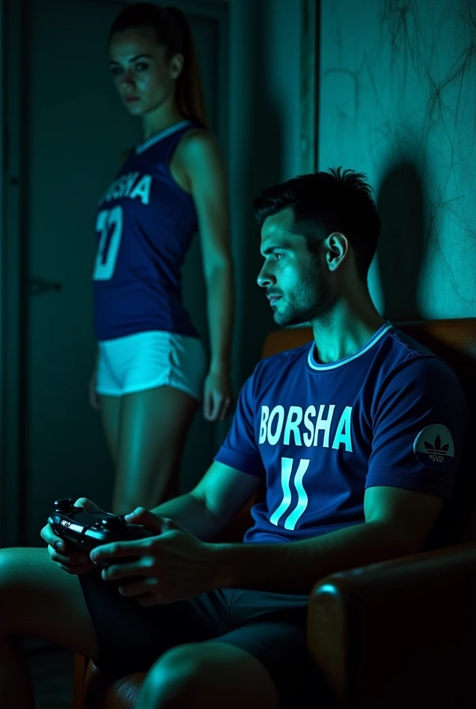 A man PLAYING GAME AND A beautiful women FELT ANGRY, HER NAME IS BORSHA WAS WRITTEN ON HER JERCY in a haunted house