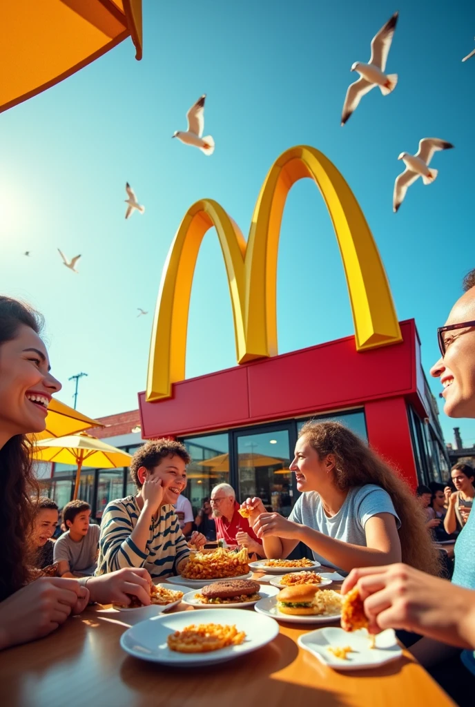 A wide shot of a modern-day McDonald's restaurant, with its iconic golden arches prominently displayed. The scene is bustling with customers, diverse in age and ethnicity, enjoying their meals.