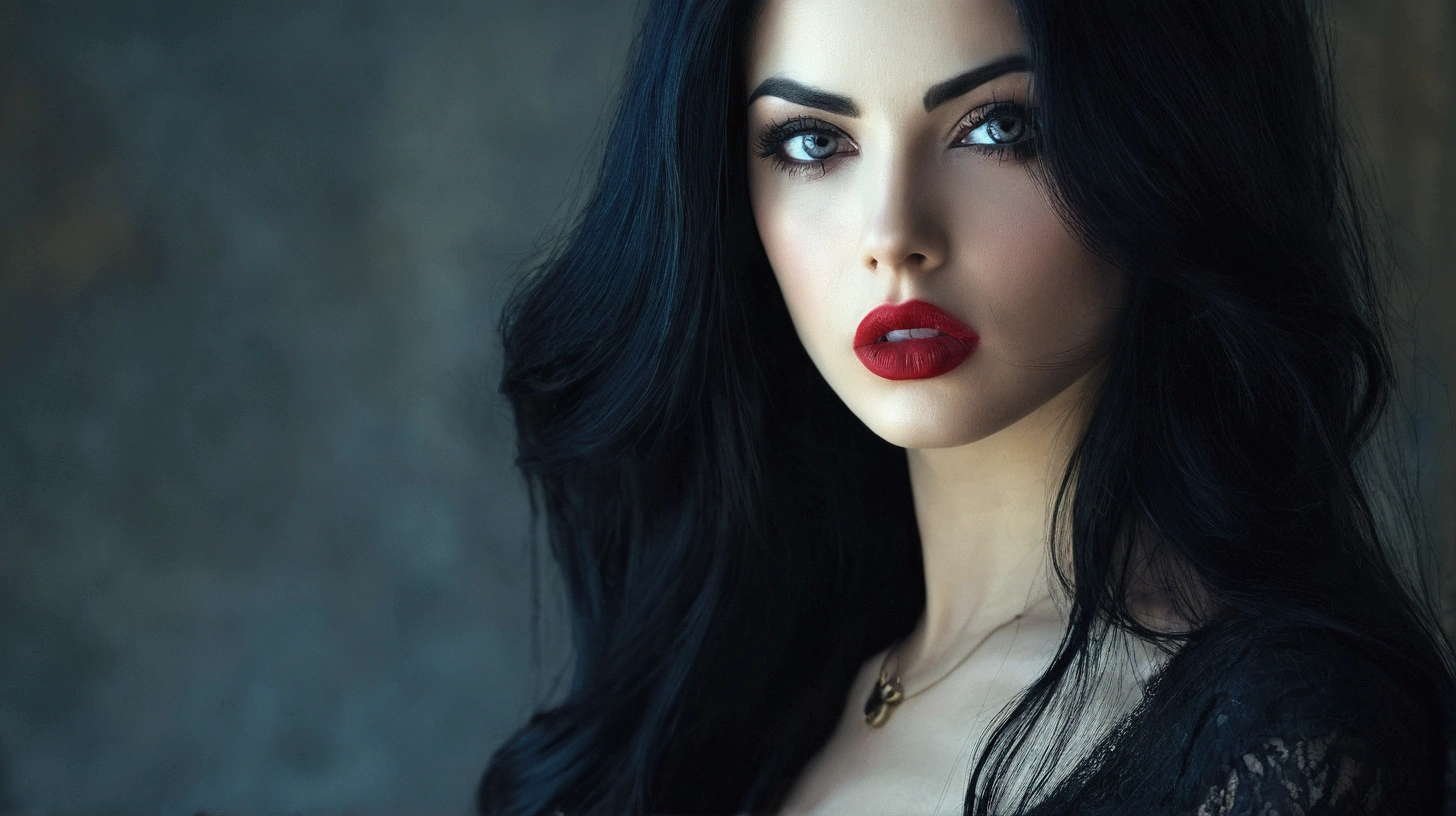 arafed woman with long black hair and red lipstick posing for a picture, wonderful dark hair, dark hair and makeup, girl with black hair, furious dark haired women, beautiful black hair, photo of a beautiful woman, dark - hair, dark-hair, black-hair pretty face, black hair and large eyes, with long hair and piercing eyes