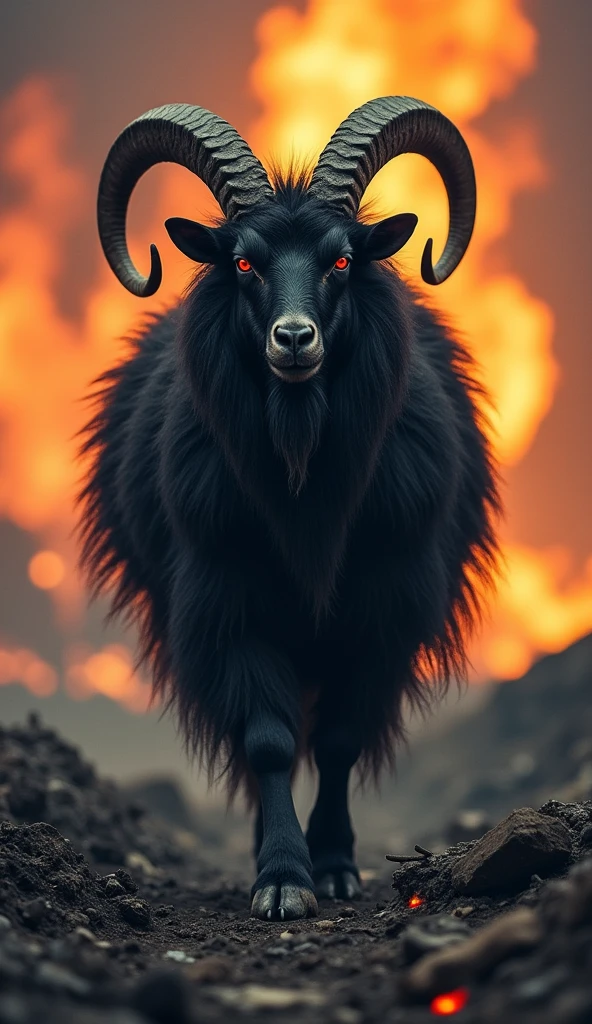 a black, hairy goat, piercing red eyes, evil face, coming towards the camera, apocalyptic scenario with fire