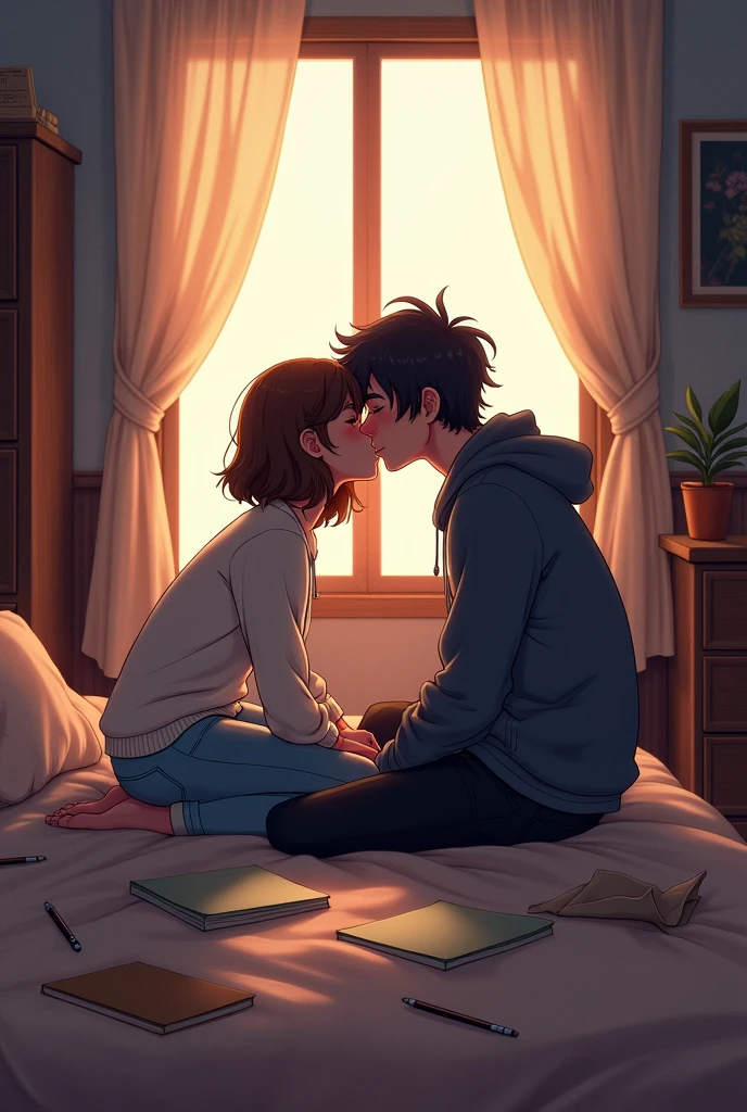 cartoon人物,Two people are kissing,Woman initiates a kiss,Lazy,Dimly Lit Room,study,Curtains drawn,Scattered manuscripts and pens on the floor,sitting,leaning against the bed.,Male with a頹廢 (tuí fèi) style,Male with fluffy hair,Male with slightly long hair,Guy wearing a hooded jacket,Girl wearing casual clothes,Woman with medium-length hair,brown hair,cartoon,Cool colors