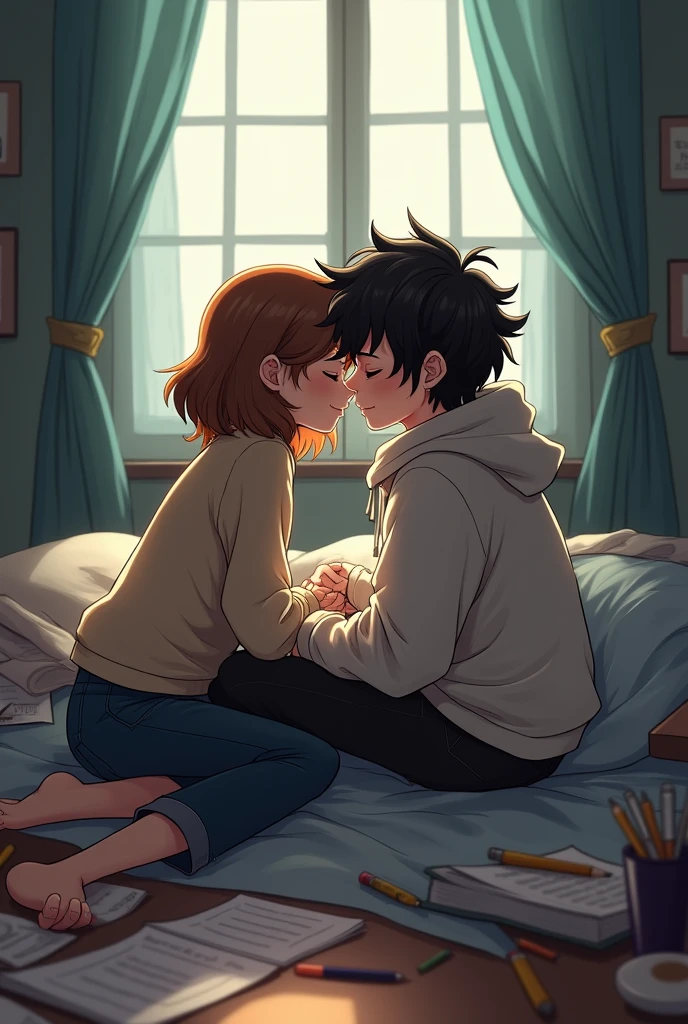 cartoon人物，Two people are kissing，Woman initiates a kiss，Lazy，Dimly Lit Room，study，Curtains drawn，Scattered manuscripts and pens on the floor，sitting，leaning against the bed.，Male with a頹廢 (tuí fèi) style，Male with fluffy hair，Male with slightly long hair，Guy wearing a hooded jacket，Girl wearing casual clothes，Woman with medium-length hair，brown hair，cartoon，Cool colors