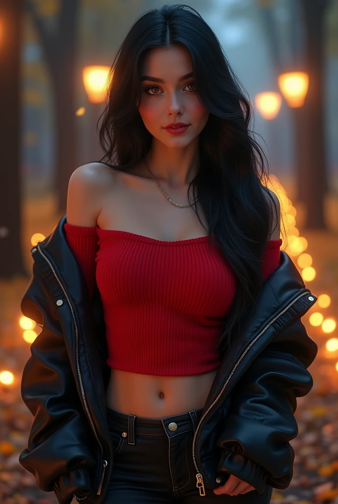 masterpiece, best quality, highly detailed, 1girl, solo, hair down, very long hair, red off-shoulder sweater, black varsity jacket, black jeans, looking at viewer, smile, blush, Wide Smile, Eyes Detailed & Wide, sexy Pose. Ultra HD, Rococo-Inspired Fantasy Art With Intricate Details. Cute, Charming Expression, Alluring-Gaze, looking at viewer Beautiful Eyes, An-Ideal-Figure. Large Youthful Well-Shaped-Breasts, plump breasts, Massive-Round-Bosom, Décolletage. slim waist, fit body, full lips, Warm lights , woman in a starry forest at night, with fluffy hair, with straight hair, delicate face, realistic, real, slim, large aperture, sexy shots, attractive pose, Russian, Indonesian. symmetrical face, photorealistic, photography, path tracing, specular lighting, volumetric face light, path traced hairmaximum quality{(masutepiece) (8K High Resolution) (top-quality), heterochromia, blue eyes, red eyes, black hair.