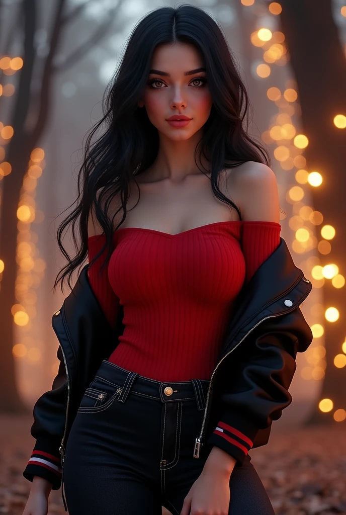 masterpiece, best quality, highly detailed, 1girl, solo, hair down, very long hair, red off-shoulder sweater, black varsity jacket, black jeans, looking at viewer, smile, blush, Wide Smile, Eyes Detailed & Wide, sexy Pose. Ultra HD, Rococo-Inspired Fantasy Art With Intricate Details. Cute, Charming Expression, Alluring-Gaze, looking at viewer Beautiful Eyes, An-Ideal-Figure. Large Youthful Well-Shaped-Breasts, plump breasts, Massive-Round-Bosom, Décolletage. slim waist, fit body, full lips, Warm lights , woman in a starry forest at night, with fluffy hair, with straight hair, delicate face, realistic, real, slim, large aperture, sexy shots, attractive pose, Russian, Indonesian. symmetrical face, photorealistic, photography, path tracing, specular lighting, volumetric face light, path traced hairmaximum quality{(masutepiece) (8K High Resolution) (top-quality), heterochromia, blue eyes, red eyes, black hair.