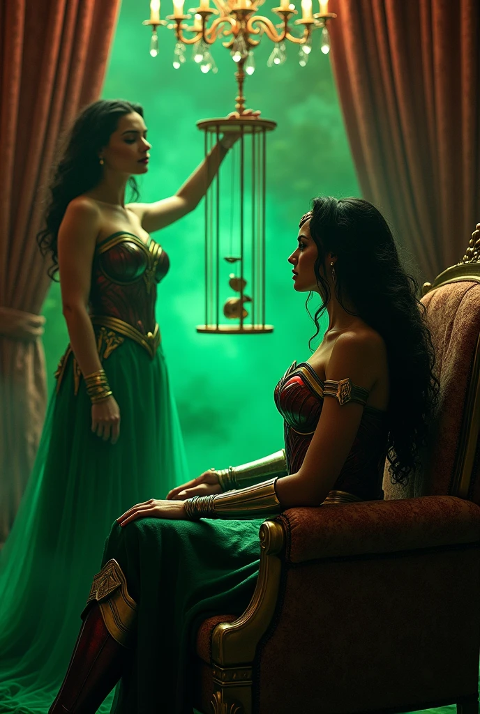 Wonder woman sitting on a chair while behind her a green aura girl in sexy enchantress dress standing she is swinging pendulum hold by her hand in front of wonder woman eyes like a ( Hypnosis show)
( front view)