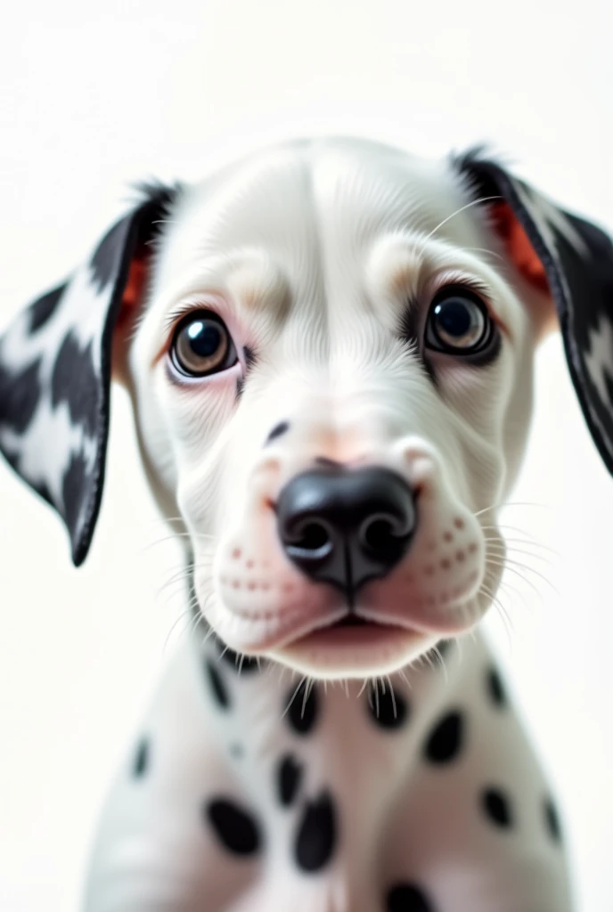 The image shows the head of a Dalmatian puppy against a white background. The puppy has a tender and adorable expression, with large, bright eyes that seem to look directly at the observer.

Its coat is marked with the characteristic black spots on a white background, giving it a unique and distinctive look. The puppy's ears are slightly raised, in an attentive and curious posture.

The puppy is in the foreground, occupying most of the image, allowing you to appreciate the details of its adorable facial features. Her gaze is soft and warm, conveying a sense of innocence and tenderness.

The clean and distraction-free white background serves to focus all attention on the puppy's face, highlighting its beauty and tender expression. This simplicity of the environment allows the viewer to focus completely on the adorable presence of the Dalmatian puppy.