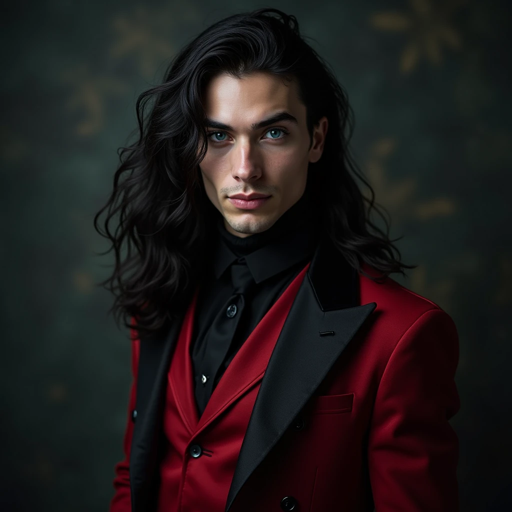 A sexy young male, with long black hair, teal blue eyes, long eyelashes, and delicate and pretty, handsome features. Dressed in all gothic clothes. (No facial or body hair) seductive, pretty. The overall look is very erotic. His skin is pale and white. (((Gothic style))) (((Halloween))) ((Best quality)), ((masterpiece)), 8k (detailed), ((perfect face)) ((fullbody)), perfect proportions. (((No facial hair))) ((no body hair)) (((young handsome boy))) (((red and black))) He's sexy. Male. Boy. Handsome. Smirking maliciously and looking down at the camera. ((((((((((((((((((((((FULLBODY)))))))))))))))))))))))))) sexy pose. Sexy. Sexy pose. Seductive. Sexy pose. Sexy pose. Full boy. Showing his legs. Red and black. Sexy pose.
