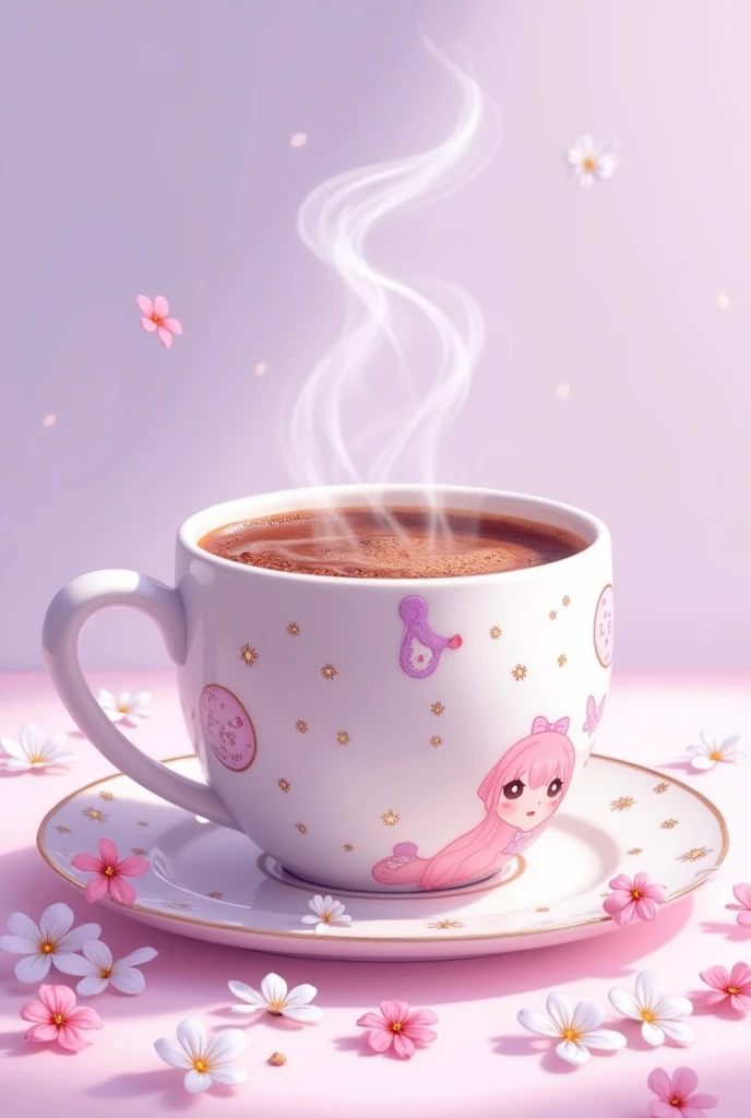 coffee、small flowers、Anime-style illustrations、Light purple background