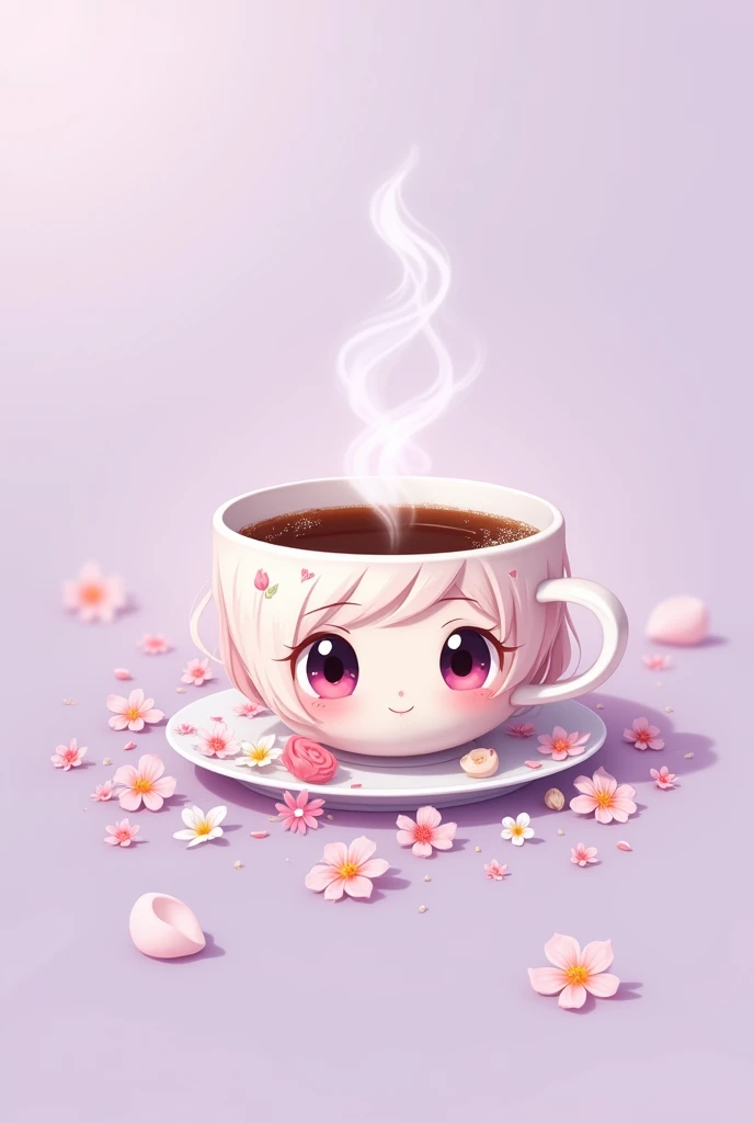 coffee、small flowers、Anime-style illustrations、Light purple background