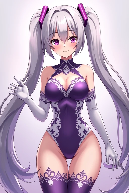 masterpiece, new, ai generated, perfect lighting, perfect_anatomy, better hands, more details, detailed background, best quality, vibrant colors, detailed background, sharp focus,lace, facing view,yukine chris, 1girl, solo, breasts, thighhighs, cleavage, gloves, long hair, leotard, ahoge, twintails, elbow gloves, purple eyes, hair between eyes, clothing cutout, white gloves, smile, boots, headgear, bare shoulders, large breasts, twintails, very long,Gray hair,yukine chirs,