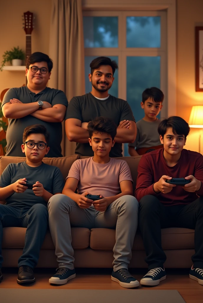 There is a brown sofa and a Indian boy with a fair skin with pimples on cheeks sit on the right side of the sofa with a gaming console. He is wearing a marron shirt sleeved shirt with a black trousers. He is concentrated to the game. His face is almost similar to cillian Murphy.  Next to him a indian boy who a bit fatter than the 1st guy sits on the sofa. He is wearing spectacles. He is wearing a pale rose t shirt and a grey trousers. He is also playing games on the phone. He is concentrated on it. His face is a bit oval and skin tone is a bit darker. Next to him a skinny guy wearing a long sleeved dark Blue t-shirt with a round neck and a blue denim sits on the left side of a sofa. He is looking at the front with a tough look. His skinned is whited. Behind the sofa another chubby guy with a whited skin is wearing a gray colour short sleeved collared T shirt. He looks at the front with a smile. He is wearing spectacles. His hair is firmly cut. His face is round. He has crossed his arms. Next to him a slim guy wearing a black round neck short sleeved t-shirt is bearing a brown guitar and his face is similar to Henry cavil. He got pimples in his cheeks. He stands behind the sofa.