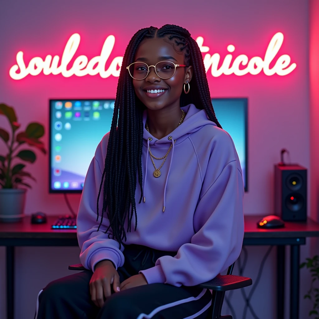 ((best quality)), ((masterpiece)), (detailed), 1girl, long black box braids, brown eyes, Round gold glasses, tan skin,dark skin ,BROWN SKIN, SHE HAS LIGHT BROWN SKIN, body, wearing plain light purple hoodie, wearing long black sweat pants, absurdres, high res, ultrasharp, 8k, masterpiece, looking at viewer, anime inspired, cool bedroom gamer background, androgynous, smiling, large round glasses, no airplanes, wearing a taurus gold chain necklace on neck, sitting down at gaming desk, souledoutnicole name in the background on the wall in rgb lights