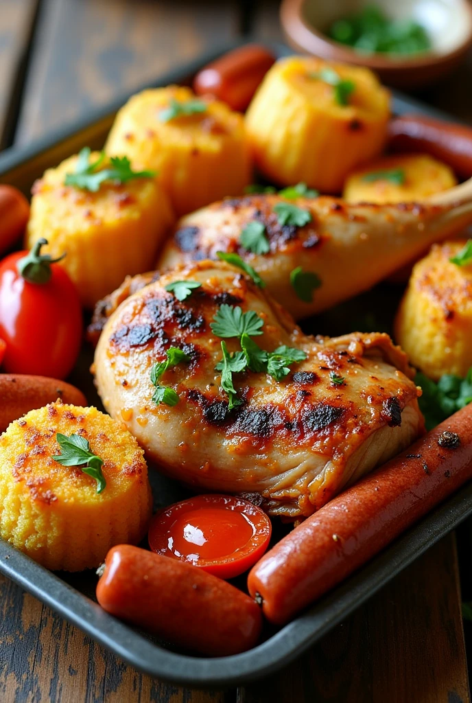 Chicken tray, chorizo, stuffed and yuca