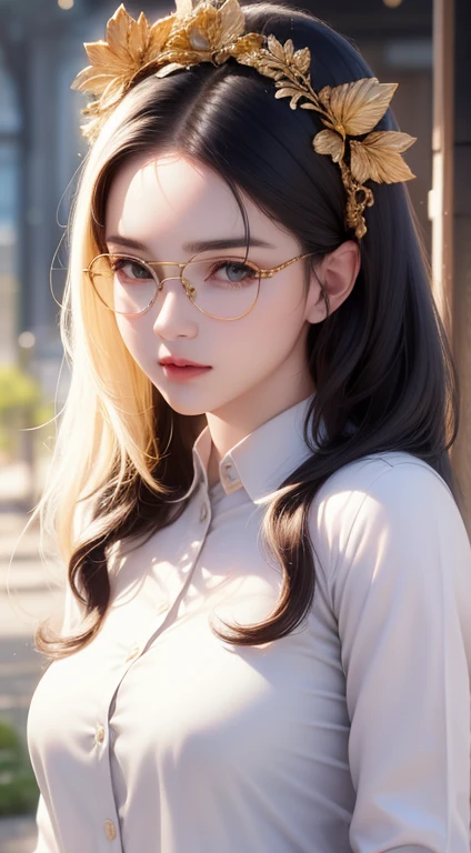 A woman wearing delicate round glasses,Gold frame round glasses, Wavy Hair、casual long hair、Beautiful long black hair、Portrait facing the front、Golden Ratio,、 (Highly detailed eyes, Highly detailed face、A woman with high-resolution skin texture)、Sparkling, shining eyes,Attractive adult pretty woman、Ultra-high resolution, elegant、Office Casual、Neat clothes、Dress shirt、Library、A bright room with soft light、(Realistic, Photorealistic:1.37), Professional photography